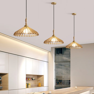 Cono de Paraguas de Madera y Latón Japonés Tradicional con 1 Luz Colgante para Comedor, Dormitorio y Sala de Estar 