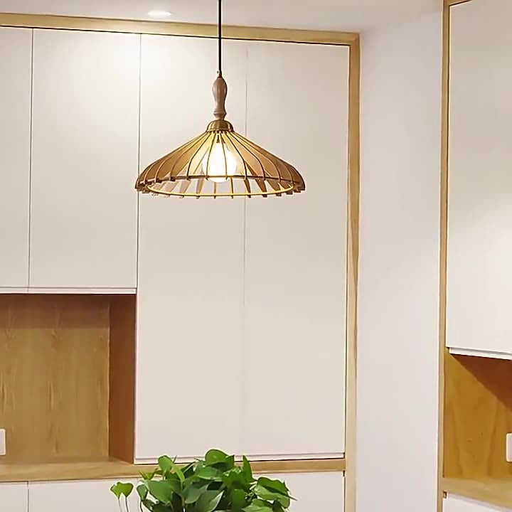 Traditional Japanese Wood &amp; Brass Umbrella Cone 1-Light Pendant Light For Dining Room, Bedroom &amp; Living Room