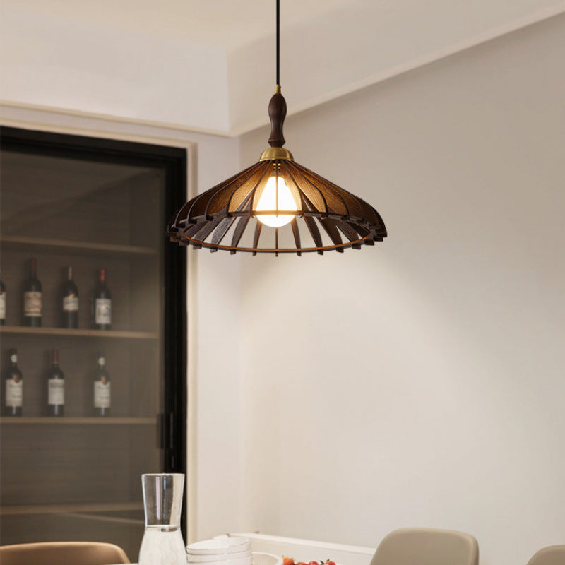 Traditional Japanese Wood &amp; Brass Umbrella Cone 1-Light Pendant Light For Dining Room, Bedroom &amp; Living Room