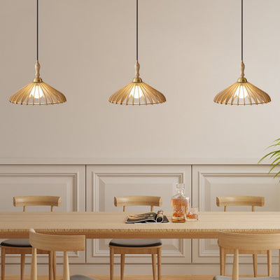 Cono de Paraguas de Madera y Latón Japonés Tradicional con 1 Luz Colgante para Comedor, Dormitorio y Sala de Estar 