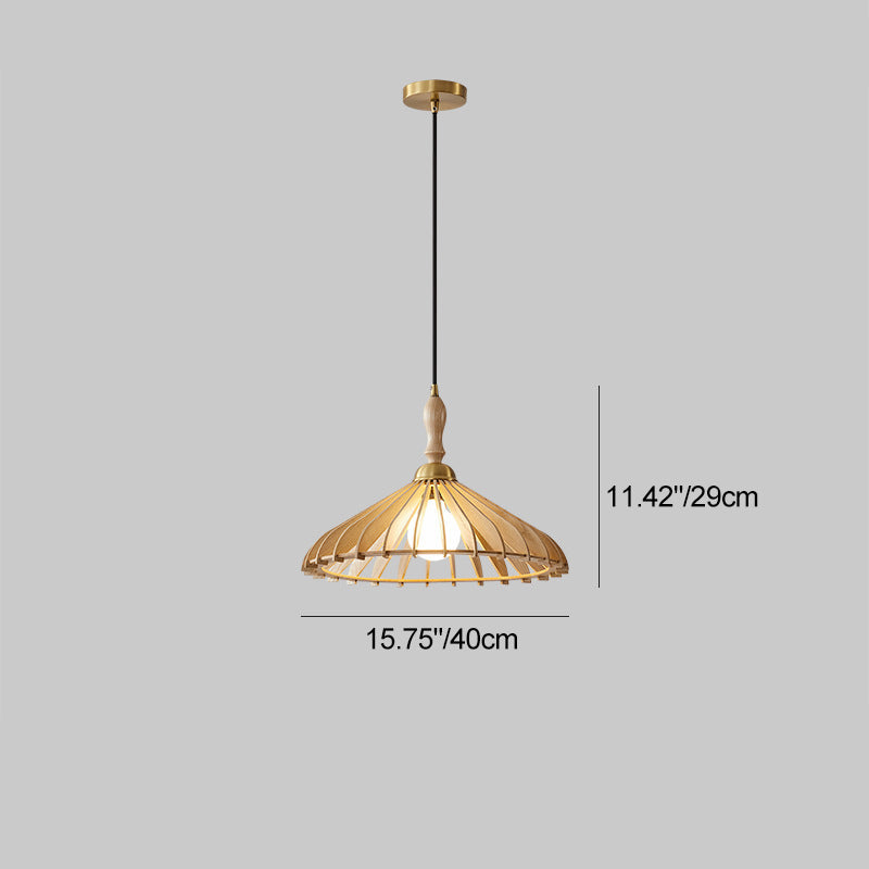 Traditional Japanese Wood &amp; Brass Umbrella Cone 1-Light Pendant Light For Dining Room, Bedroom &amp; Living Room