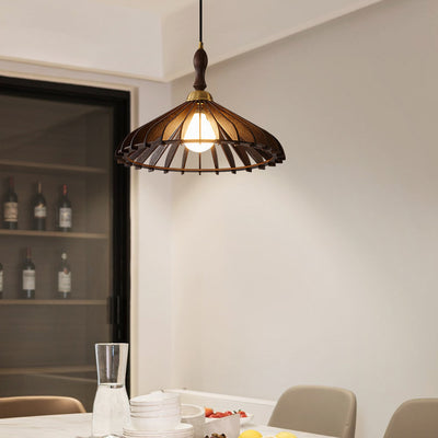 Cono de Paraguas de Madera y Latón Japonés Tradicional con 1 Luz Colgante para Comedor, Dormitorio y Sala de Estar 