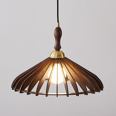 Traditional Japanese Wood &amp; Brass Umbrella Cone 1-Light Pendant Light For Dining Room, Bedroom &amp; Living Room