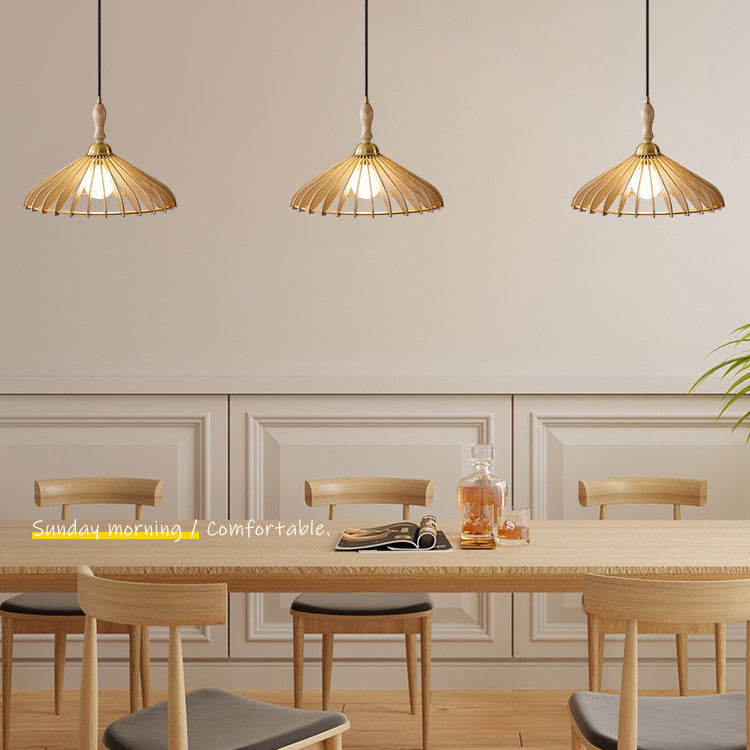 Traditional Japanese Wood &amp; Brass Umbrella Cone 1-Light Pendant Light For Dining Room, Bedroom &amp; Living Room
