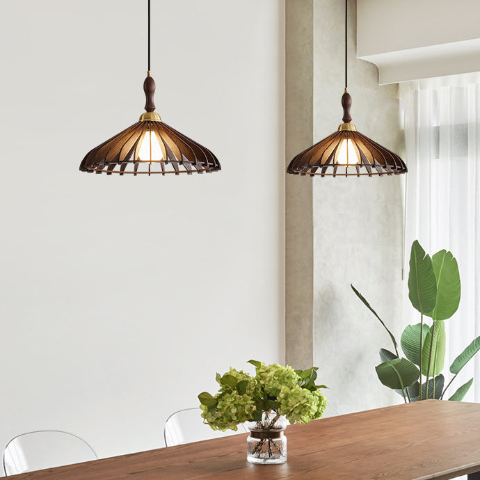 Traditional Japanese Wood &amp; Brass Umbrella Cone 1-Light Pendant Light For Dining Room, Bedroom &amp; Living Room