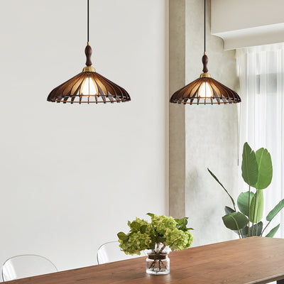 Cono de Paraguas de Madera y Latón Japonés Tradicional con 1 Luz Colgante para Comedor, Dormitorio y Sala de Estar 