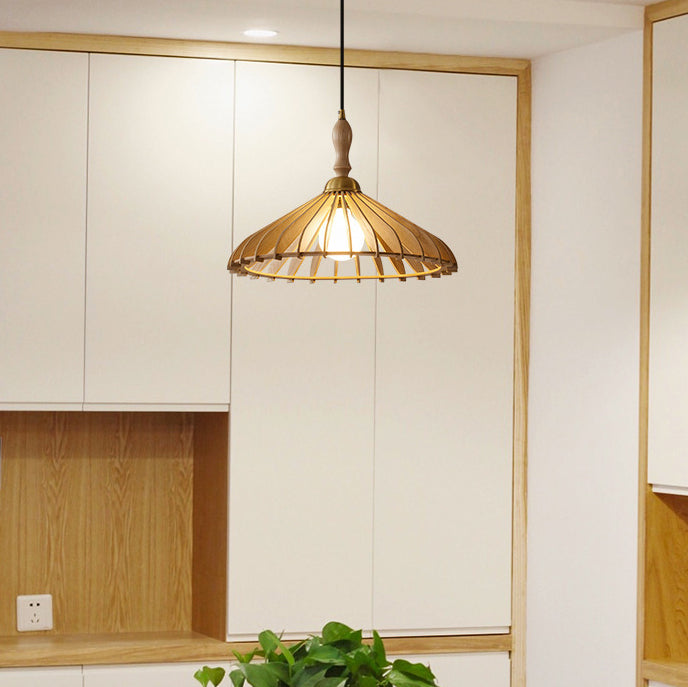 Cono de Paraguas de Madera y Latón Japonés Tradicional con 1 Luz Colgante para Comedor, Dormitorio y Sala de Estar 