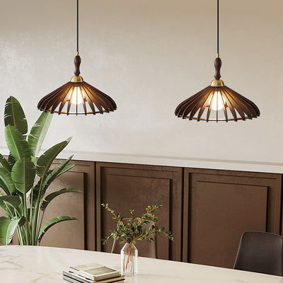 Cono de Paraguas de Madera y Latón Japonés Tradicional con 1 Luz Colgante para Comedor, Dormitorio y Sala de Estar 