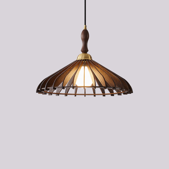 Traditional Japanese Wood &amp; Brass Umbrella Cone 1-Light Pendant Light For Dining Room, Bedroom &amp; Living Room