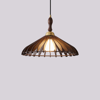 Cono de Paraguas de Madera y Latón Japonés Tradicional con 1 Luz Colgante para Comedor, Dormitorio y Sala de Estar 