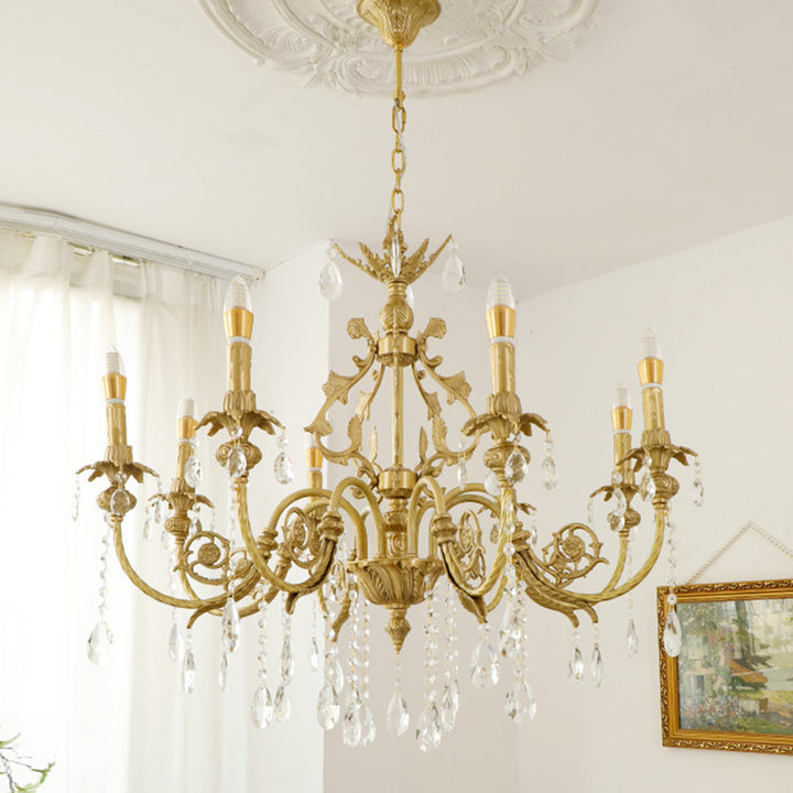 Araña de luces tradicional francesa de latón y cristal estilo candelabro de 8 luces para dormitorio y sala de estar 