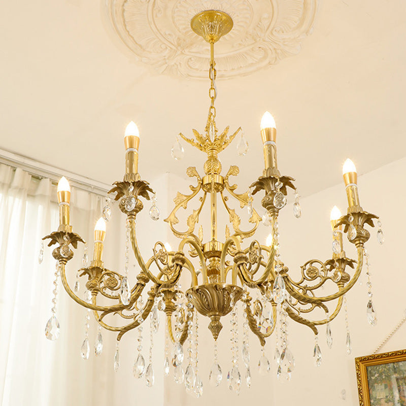 Araña de luces tradicional francesa de latón y cristal estilo candelabro de 8 luces para dormitorio y sala de estar 