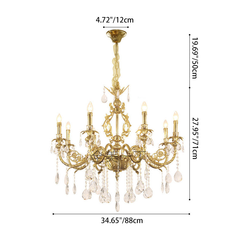 Araña de luces tradicional francesa de latón y cristal estilo candelabro de 8 luces para dormitorio y sala de estar 