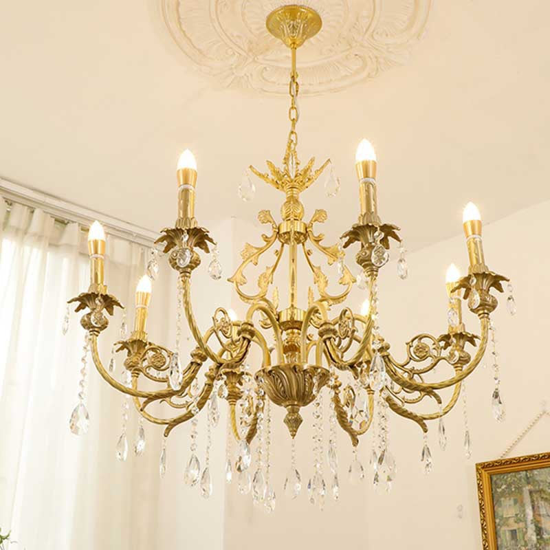 Araña de luces tradicional francesa de latón y cristal estilo candelabro de 8 luces para dormitorio y sala de estar 
