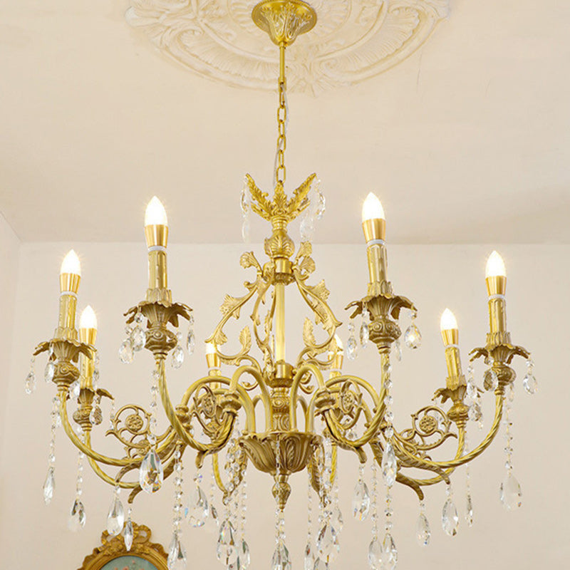 Araña de luces tradicional francesa de latón y cristal estilo candelabro de 8 luces para dormitorio y sala de estar 