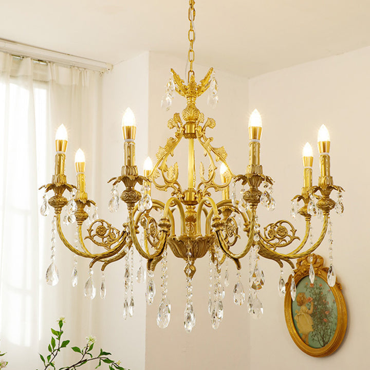 Araña de luces tradicional francesa de latón y cristal estilo candelabro de 8 luces para dormitorio y sala de estar 