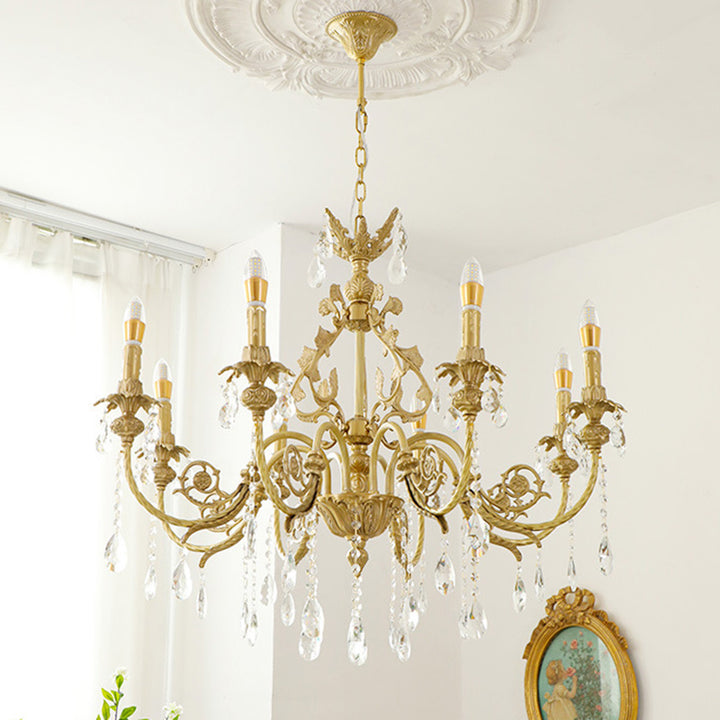 Araña de luces tradicional francesa de latón y cristal estilo candelabro de 8 luces para dormitorio y sala de estar 