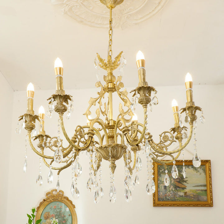 Araña de luces tradicional francesa de latón y cristal estilo candelabro de 8 luces para dormitorio y sala de estar 