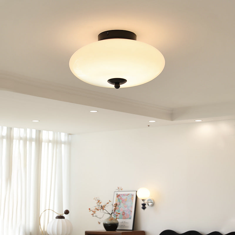 Modern Mid-Century Iron &amp; Glass Oval LED Semi-Flush Mount Ceiling Light For Bedroom, Hallway, And Living Room