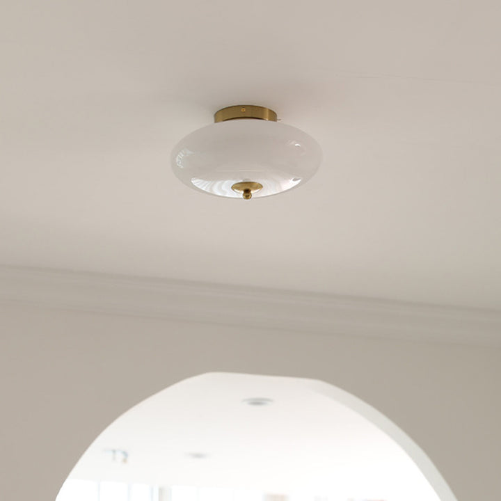 Modern Mid-Century Iron &amp; Glass Oval LED Semi-Flush Mount Ceiling Light For Bedroom, Hallway, And Living Room