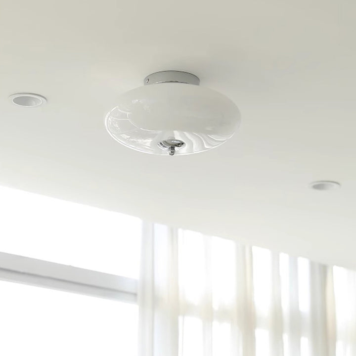Modern Mid-Century Iron &amp; Glass Oval LED Semi-Flush Mount Ceiling Light For Bedroom, Hallway, And Living Room