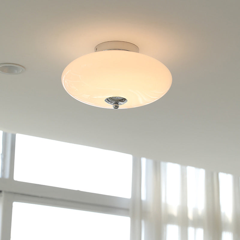 Modern Mid-Century Iron &amp; Glass Oval LED Semi-Flush Mount Ceiling Light For Bedroom, Hallway, And Living Room