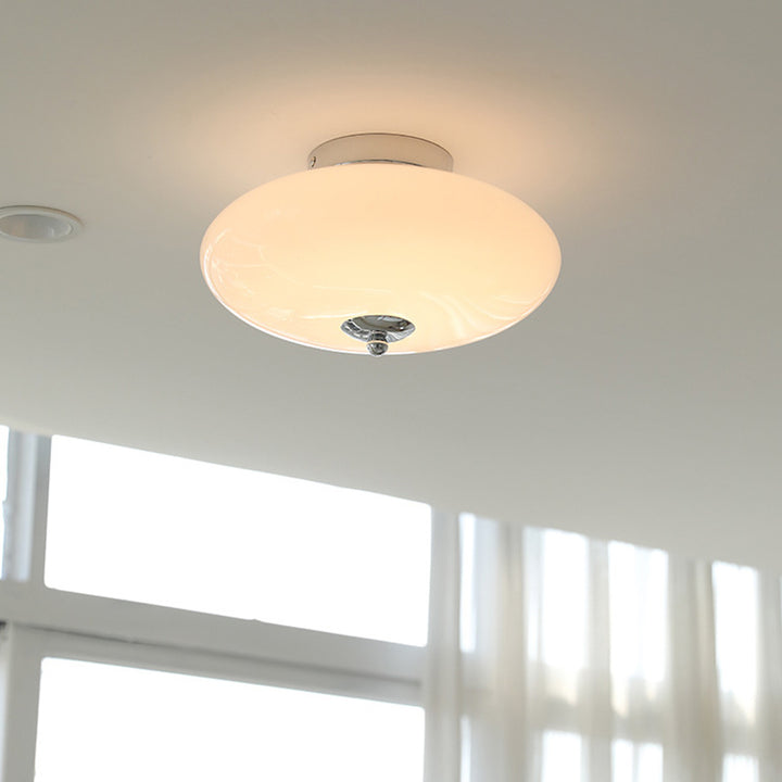Modern Mid-Century Iron &amp; Glass Oval LED Semi-Flush Mount Ceiling Light For Bedroom, Hallway, And Living Room