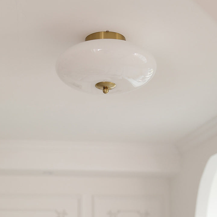 Modern Mid-Century Iron &amp; Glass Oval LED Semi-Flush Mount Ceiling Light For Bedroom, Hallway, And Living Room