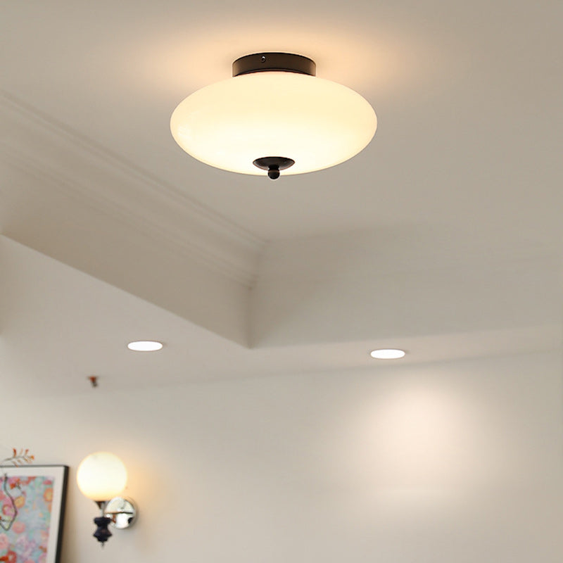 Modern Mid-Century Iron &amp; Glass Oval LED Semi-Flush Mount Ceiling Light For Bedroom, Hallway, And Living Room
