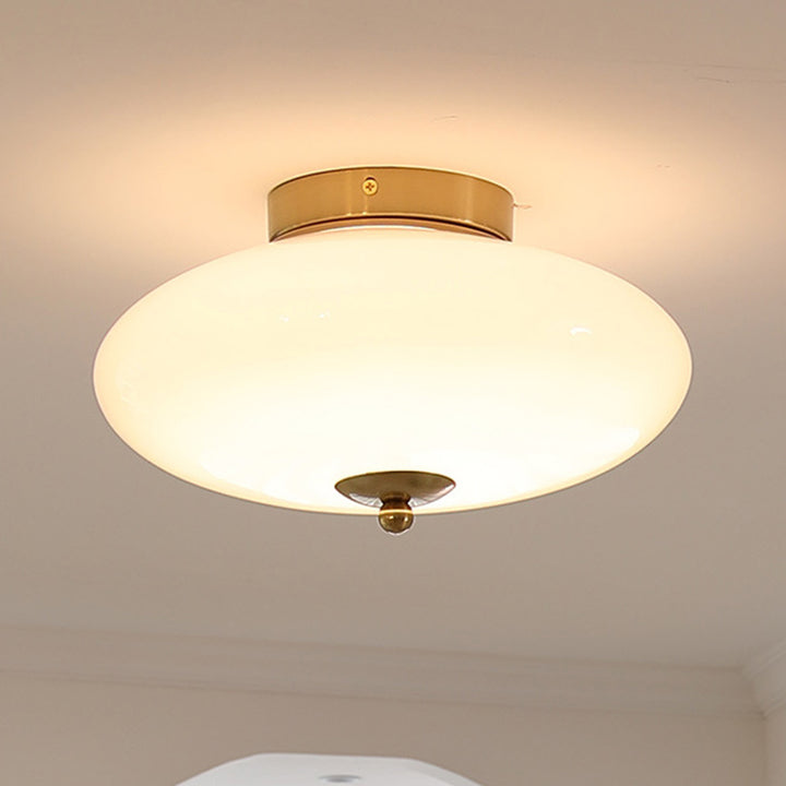 Modern Mid-Century Iron &amp; Glass Oval LED Semi-Flush Mount Ceiling Light For Bedroom, Hallway, And Living Room