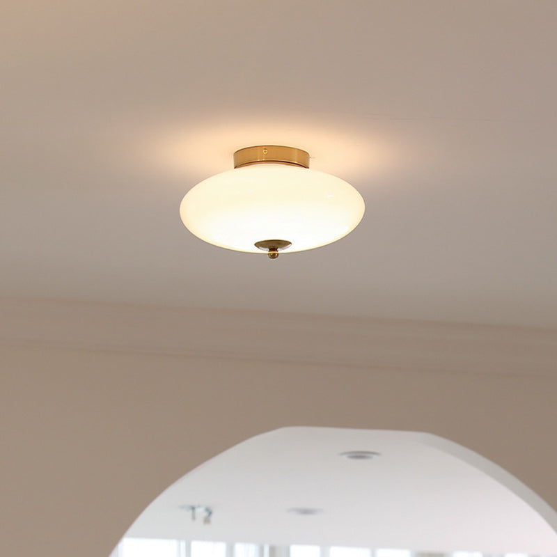 Modern Mid-Century Iron &amp; Glass Oval LED Semi-Flush Mount Ceiling Light For Bedroom, Hallway, And Living Room