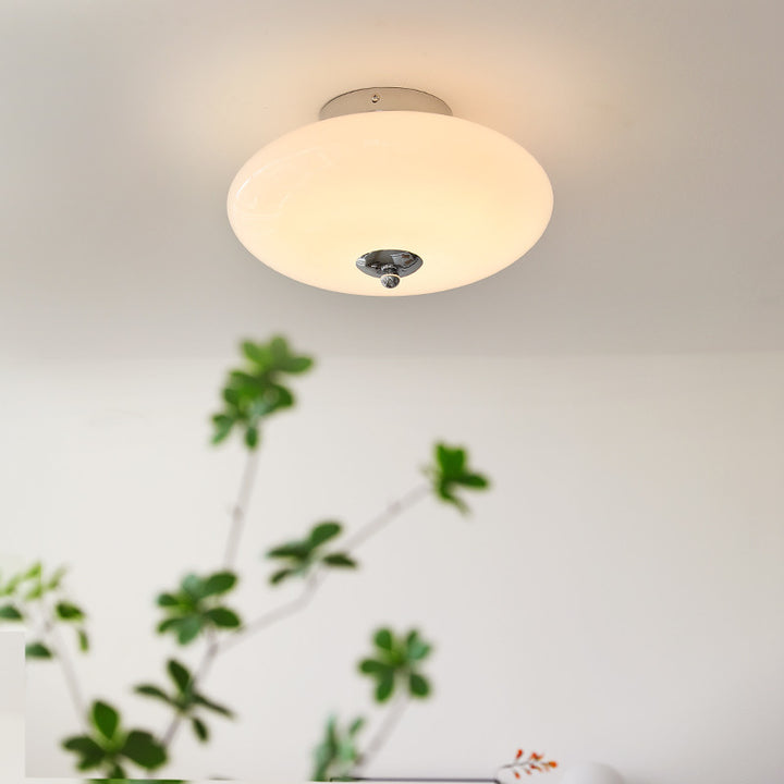 Modern Mid-Century Iron &amp; Glass Oval LED Semi-Flush Mount Ceiling Light For Bedroom, Hallway, And Living Room