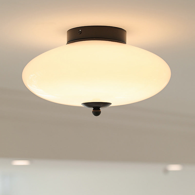 Modern Mid-Century Iron &amp; Glass Oval LED Semi-Flush Mount Ceiling Light For Bedroom, Hallway, And Living Room