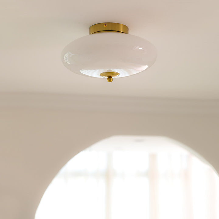 Modern Mid-Century Iron &amp; Glass Oval LED Semi-Flush Mount Ceiling Light For Bedroom, Hallway, And Living Room