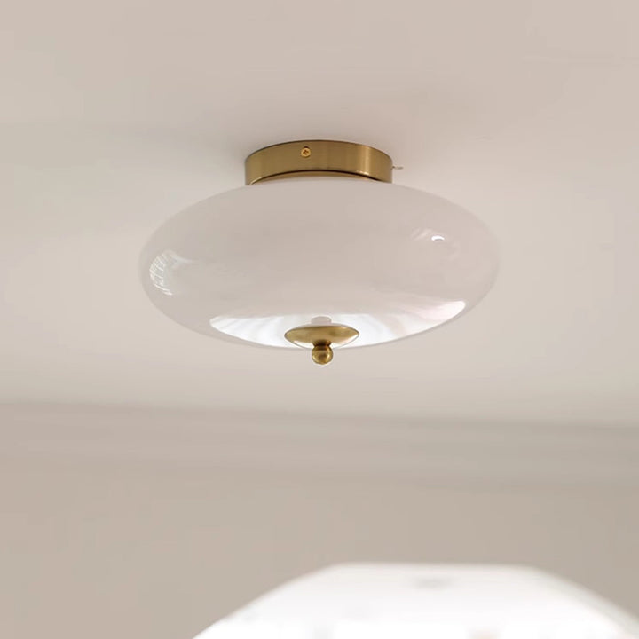 Modern Mid-Century Iron &amp; Glass Oval LED Semi-Flush Mount Ceiling Light For Bedroom, Hallway, And Living Room