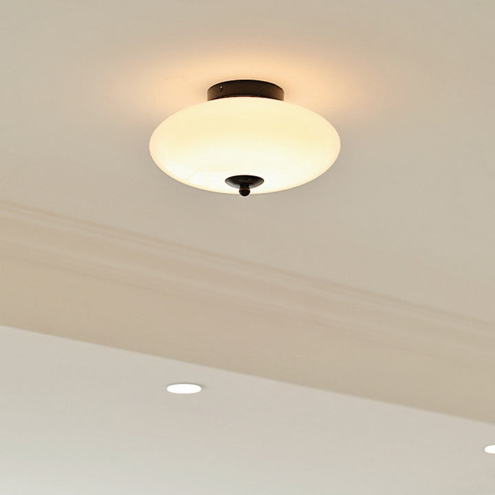 Modern Mid-Century Iron &amp; Glass Oval LED Semi-Flush Mount Ceiling Light For Bedroom, Hallway, And Living Room