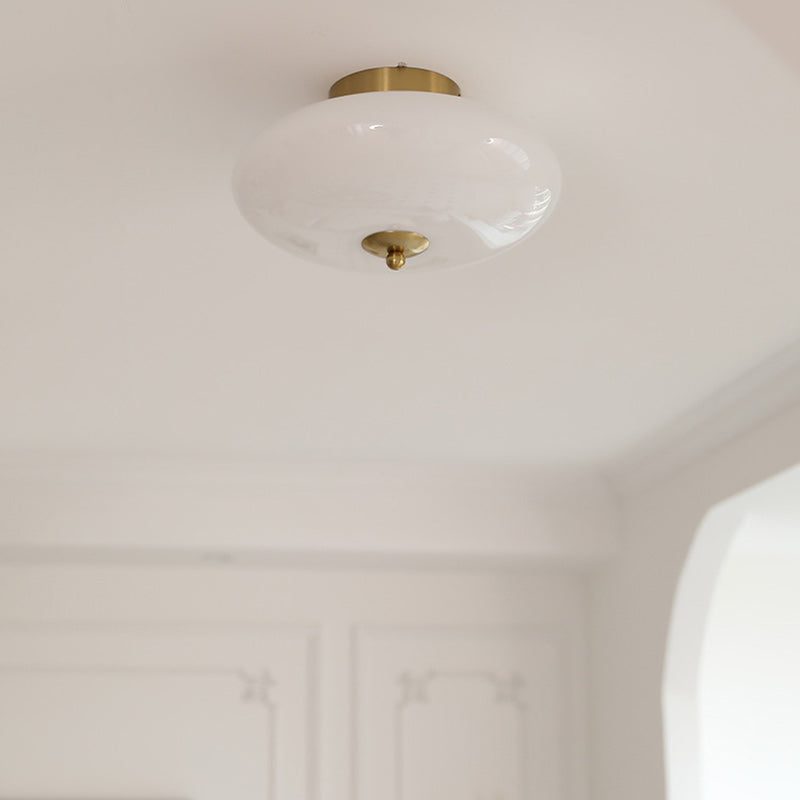 Modern Mid-Century Iron &amp; Glass Oval LED Semi-Flush Mount Ceiling Light For Bedroom, Hallway, And Living Room