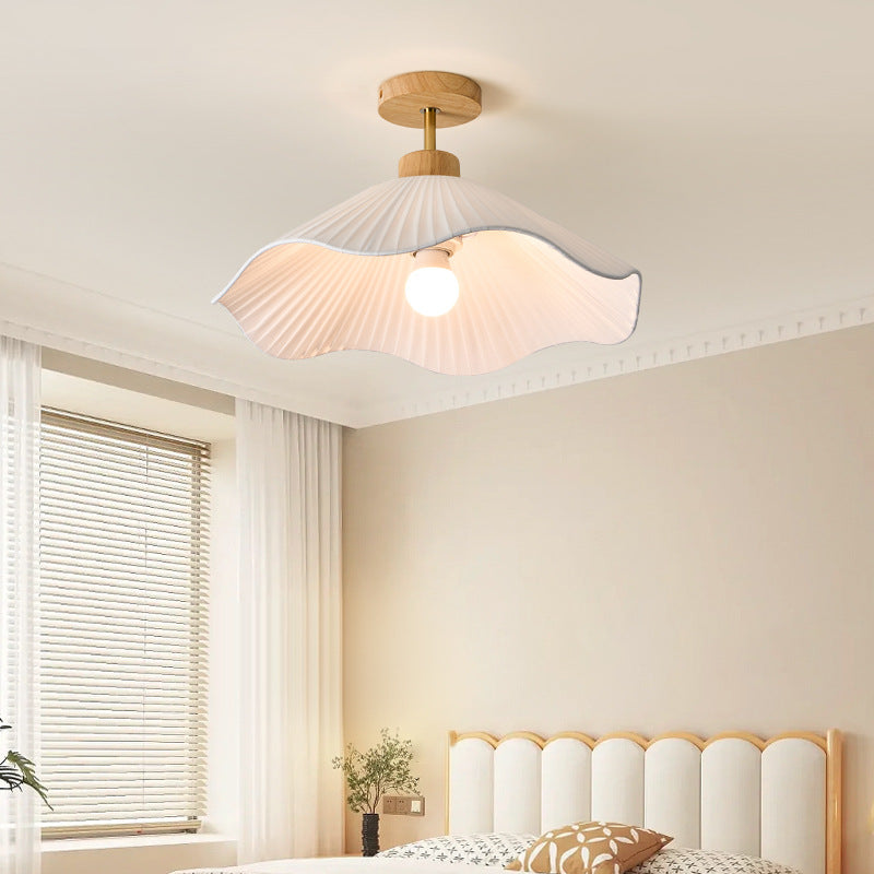 Modern Minimalist Iron, Wood &amp; Fabric Curved Cone 1-Light Semi-Flush Mount Ceiling Light For Bedroom, Hallway, And Living Room