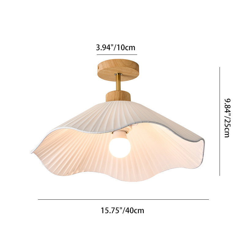 Modern Minimalist Iron, Wood & Fabric Curved Cone 1-Light Semi-Flush Mount Ceiling Light For Bedroom, Hallway, And Living Room