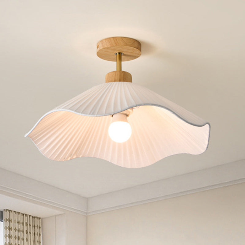 Modern Minimalist Iron, Wood & Fabric Curved Cone 1-Light Semi-Flush Mount Ceiling Light For Bedroom, Hallway, And Living Room