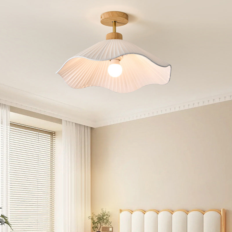 Modern Minimalist Iron, Wood & Fabric Curved Cone 1-Light Semi-Flush Mount Ceiling Light For Bedroom, Hallway, And Living Room
