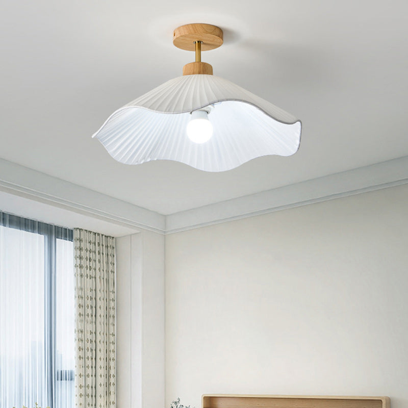 Modern Minimalist Iron, Wood &amp; Fabric Curved Cone 1-Light Semi-Flush Mount Ceiling Light For Bedroom, Hallway, And Living Room