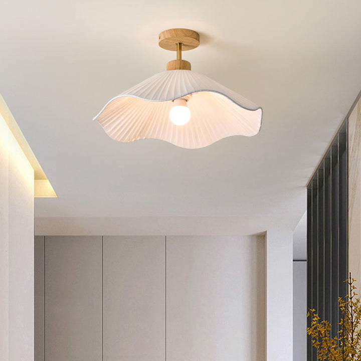 Modern Minimalist Iron, Wood &amp; Fabric Curved Cone 1-Light Semi-Flush Mount Ceiling Light For Bedroom, Hallway, And Living Room