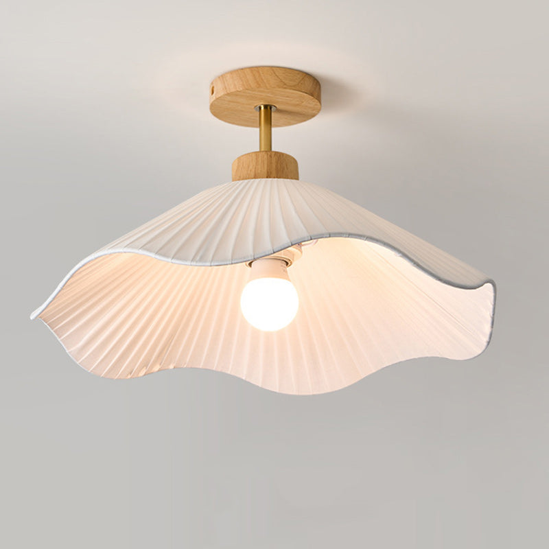 Modern Minimalist Iron, Wood &amp; Fabric Curved Cone 1-Light Semi-Flush Mount Ceiling Light For Bedroom, Hallway, And Living Room