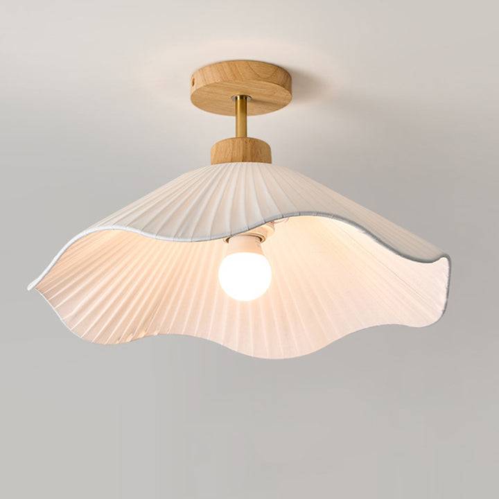 Modern Minimalist Iron, Wood &amp; Fabric Curved Cone 1-Light Semi-Flush Mount Ceiling Light For Bedroom, Hallway, And Living Room