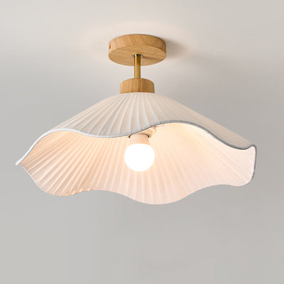 Modern Minimalist Iron, Wood & Fabric Curved Cone 1-Light Semi-Flush Mount Ceiling Light For Bedroom, Hallway, And Living Room