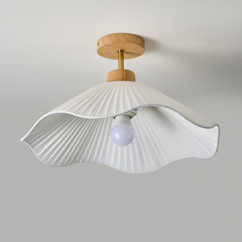 Modern Minimalist Iron, Wood &amp; Fabric Curved Cone 1-Light Semi-Flush Mount Ceiling Light For Bedroom, Hallway, And Living Room