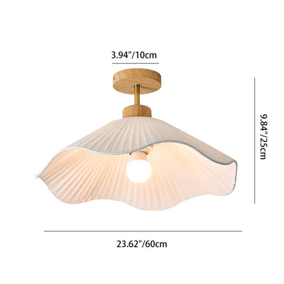 Modern Minimalist Iron, Wood & Fabric Curved Cone 1-Light Semi-Flush Mount Ceiling Light For Bedroom, Hallway, And Living Room