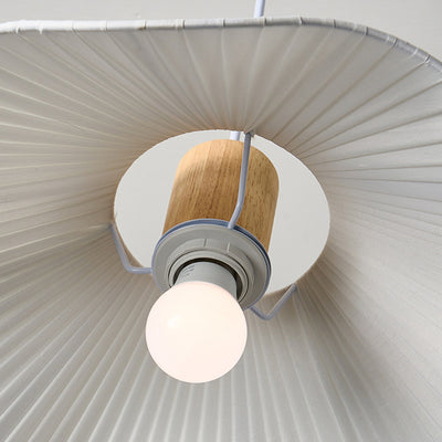 Modern Minimalist Iron, Wood & Fabric Curved Cone 1-Light Pendant Light For Bedroom, Hallway, And Living Room