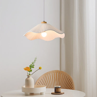 Modern Minimalist Iron, Wood & Fabric Curved Cone 1-Light Pendant Light For Bedroom, Hallway, And Living Room